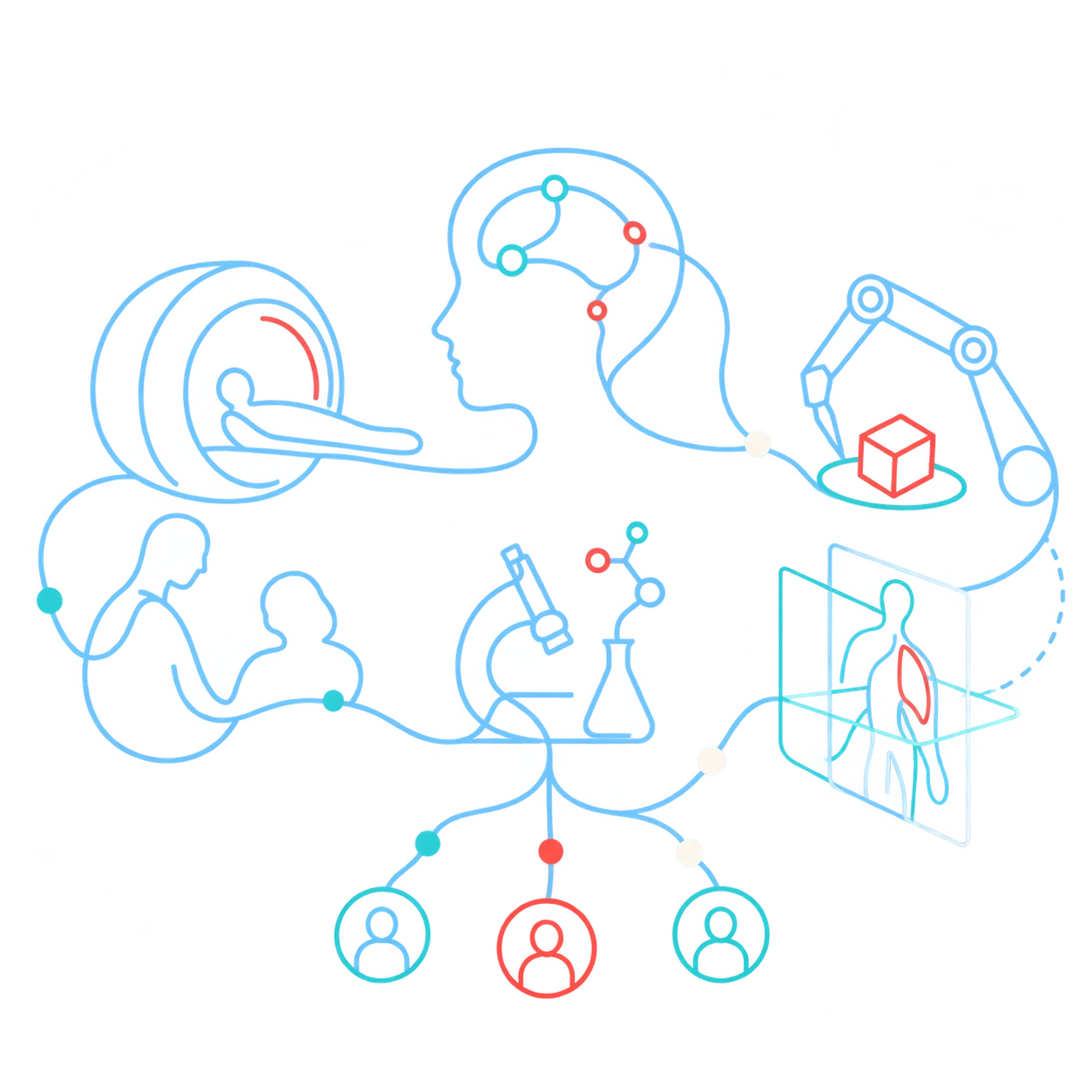 Illustration abstraite d'un parcours de soin relié à la recherche et à l'innovation