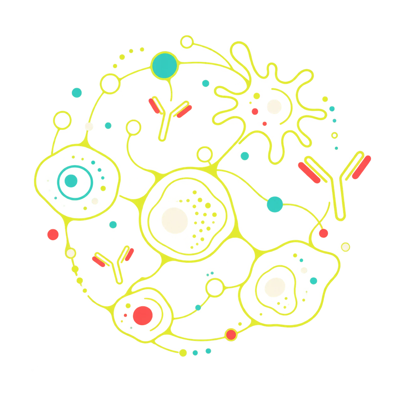 Illustration abstraite de cellules, d'anticorps et d'un réseau biomédical